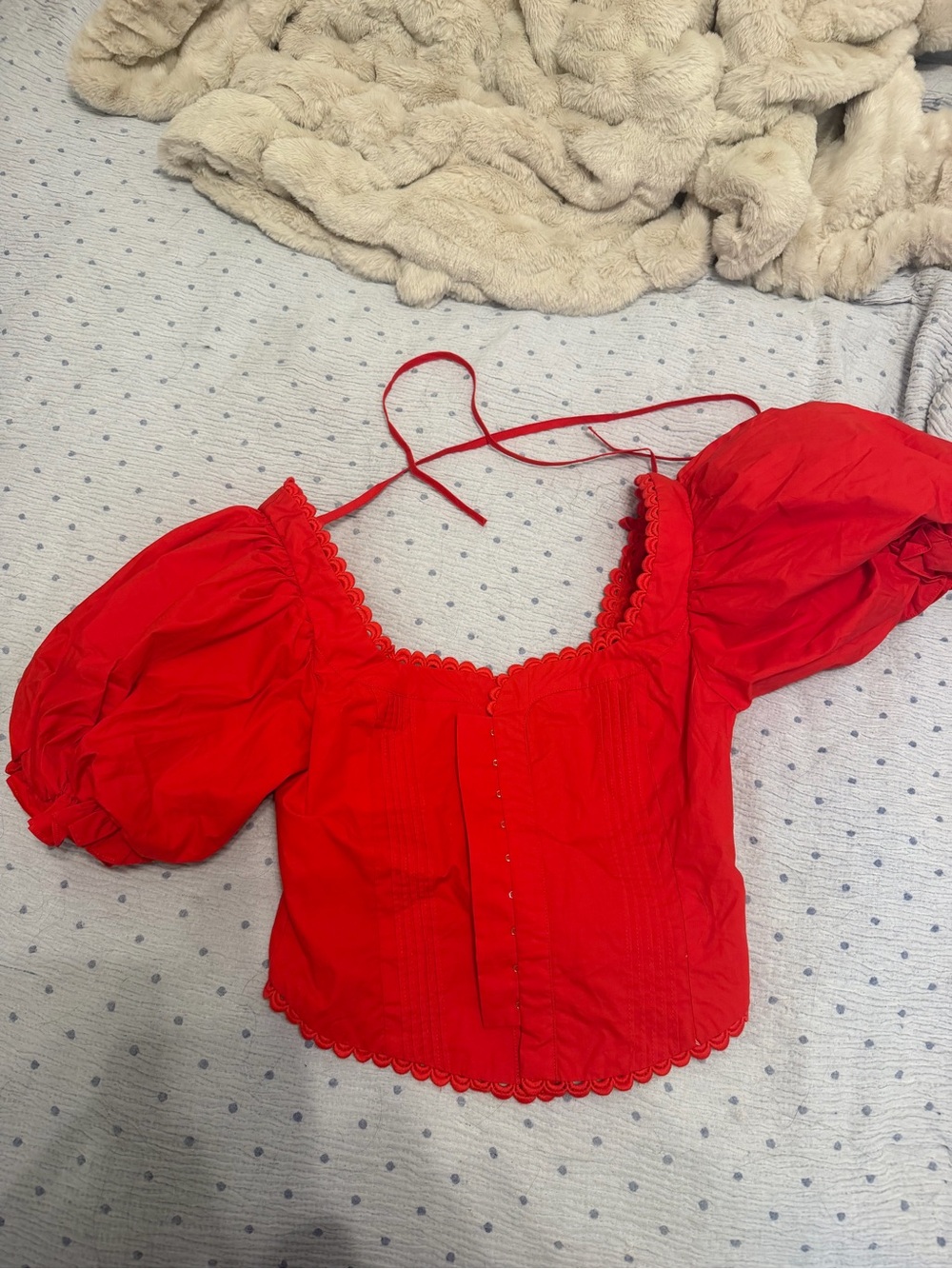MARBLE Red Puff-Sleeve Cropped Square-Neck Top